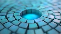 Futuristic circular platform with glowing blue center surrounded by metallic tiles creating depth and perspective for technology concepts.