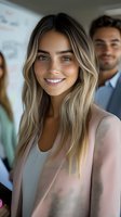 Young professional woman with blonde hair smiling confidently in modern office environment with diverse team colleagues in background for business presentations.