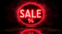 Glowing red neon sale sign with percentage symbol on dark background with reflection on wet surface, creating dramatic retail atmosphere for promotional materials.