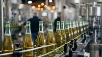Bottles of golden sparkling wine or champagne moving along production line in modern beverage factory with blurred workers and equipment in background.