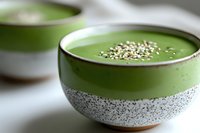 Vibrant green matcha smoothie bowl topped with white sesame seeds in speckled ceramic bowl, selective focus on creamy texture and garnish.
