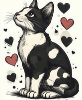 Adorable black and white kitten sitting with heart symbols around, cute pet illustration isolated on white background for Valentine's Day designs.