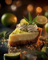 Creamy key lime pie slice garnished with whipped cream, lime zest, and cannabis leaf on dark background with fresh limes and bokeh lights.