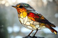 Stained glass style robin bird artwork with vibrant orange, red and yellow mosaic pattern on bokeh background, decorative contemporary design element.