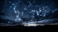 Constellation patterns connected by bright lines illuminate starry night sky above mountain silhouette landscape for astronomy and astrology designs.