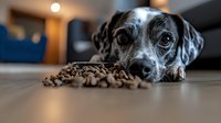 Adorable Dalmatian mix dog lying on wooden floor next to pile of dry kibble food, looking up with pleading eyes in warm indoor lighting. Close-up portrait.