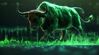 Powerful bull with glowing green digital pattern charging forward against financial chart background, symbolizing bullish market trend.