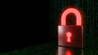 Red glowing padlock on digital matrix background representing cybersecurity, data protection and network security for technology presentations.