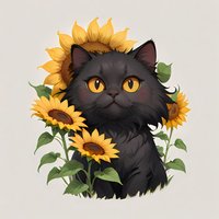 Adorable black cat with bright yellow eyes surrounded by vibrant sunflowers on light background, artistic illustration style for decorative prints and designs.