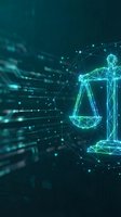Digital justice scales with glowing network connections on dark teal background representing legal technology and cyber law enforcement concepts.