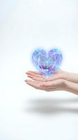 Hands holding glowing geometric heart with polygonal network pattern in blue and purple colors on white background for healthcare technology concepts.