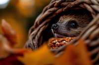 Adorable hedgehog peeking from wicker basket surrounded by autumn leaves, cozy seasonal wildlife photography for fall decorating and nature themes.