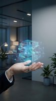 Businessman holding holographic cube with digital data visualization and network connections in modern office environment for technology and innovation concepts.