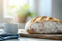 Fresh crusty artisan sourdough bread loaf on wooden cutting board with steaming hot coffee cup in morning light, cozy breakfast atmosphere.