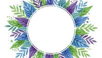 Watercolor floral frame with purple, blue and green leaves surrounding white circle space for text or design elements on transparent background.