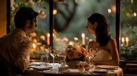 Romantic candlelit dinner date at upscale restaurant with soft bokeh lights, wine glasses and elegant table setting, perfect for wedding anniversary or Valentine's Day celebration.