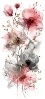 Delicate watercolor floral arrangement in pink and gray tones with translucent petals and golden branches, creating an ethereal botanical composition.