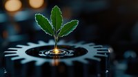 Young green plant sprout growing through industrial gear wheel with water ripples, symbolizing sustainable technology and eco-friendly innovation in manufacturing.