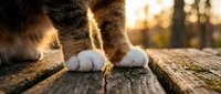Soft white cat paws resting on a rustic wooden surface, bathed in warm golden sunset light, capturing a peaceful outdoor moment.
