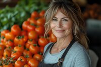 Mature female farmer smiling warmly near fresh vine tomatoes at local market. Natural lighting highlights organic produce and authentic farm-to-table atmosphere.