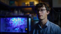 Young Caucasian male programmer in glasses working late at night, illuminated by blue computer screen light. Dark office setting with bokeh background creates tech atmosphere.