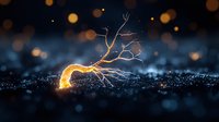 Glowing golden tree root with branching lightning-like tendrils emerging from dark ground against blurred bokeh background, magical nature concept for fantasy designs.