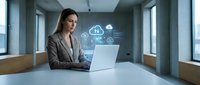 Professional businesswoman working on laptop with cloud computing holographic interface in modern office environment for digital transformation concepts.