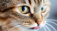 Close up macro shot of tabby cat face with striking yellow-green eyes, pink nose, and detailed whiskers against blurred background. Feline portrait showing fur texture.