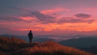 Silhouette of hiker standing on mountain peak with golden grass at dramatic sunset. Adventure travel and outdoor exploration concept for inspiring designs.