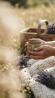 Elderly woman hands holding ceramic cup with herbal tea surrounded by fresh lavender flowers in rustic outdoor garden setting for relaxation and wellness.