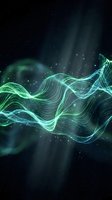 Glowing neon wave with flowing green and cyan lines on dark background, featuring particles and light rays for technology, digital innovation, and futuristic design projects.