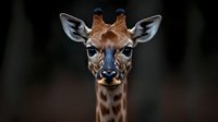 Young giraffe calf portrait with spotted pattern and large ears against dark background for wildlife photography and nature documentation projects.