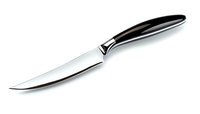 Sharp stainless steel kitchen knife with ergonomic black handle isolated on white background, ready for professional culinary use and food preparation.