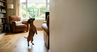 Brown dog standing on hind legs reaching for kitchen counter in cozy home interior with leather armchair, bookshelves and natural light from window.