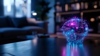 Glowing holographic brain visualization with purple and blue neon lights floating above dark table surface in modern office interior, representing artificial intelligence technology.