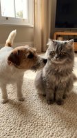 Friendly small brown and white dog meeting fluffy gray tabby cat indoors on carpet near window, depicting pet companionship and animal interaction for lifestyle and pet care content.