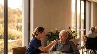 Young female caregiver assisting elderly man in modern senior living facility with warm natural lighting and comfortable seating area.