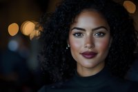 Young African American woman with natural curly hair and burgundy lipstick smiling confidently against blurred bokeh background, wearing black turtleneck sweater.