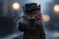 Fluffy brown cat dressed as detective with magnifying glass and hat against blurred bokeh background. Whimsical pet portrait for greeting cards and social media.