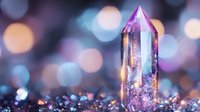 Magical crystal quartz point with purple and pink hues on blurred bokeh background. Healing stone macro photography with dreamy ethereal glow and sparkles.