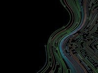 Abstract digital circuit board pattern with flowing curved lines in rainbow colors on black background for technology design projects.