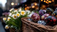 Decorated Easter eggs in woven basket with fresh daisies, soft bokeh lights in background creating festive spring holiday atmosphere and traditional celebration mood.