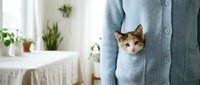 Ginger tabby cat peeking from person's cardigan pocket in bright home interior with potted plants and window light, suitable for pet care and lifestyle content.