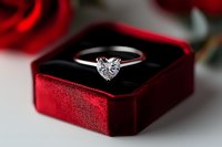 Heart-shaped diamond engagement ring in platinum setting displayed in red velvet jewelry box with romantic soft focus background.