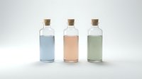 Three glass bottles with cork stoppers containing blue, pink and green liquids isolated on white background for cosmetic and skincare product design.