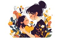 Young Asian mother holding child surrounded by decorative floral elements in orange and yellow tones, expressing tender maternal love and care in modern illustration style.