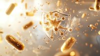Shield-shaped immune system protection against bacteria and pathogens in golden light with floating microorganisms and protective barrier concept.