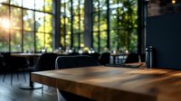 Modern office workspace with wooden desk and large windows overlooking green forest creating bright natural lighting for productive business environment.