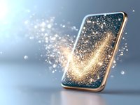 Modern smartphone with magical golden sparkles and light effects bursting from screen on soft blue background, concept of digital transformation and innovation.