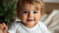 Smiling toddler with blonde hair and blue eyes wearing white bodysuit against blurred background with houseplants, expressing joy and innocence.